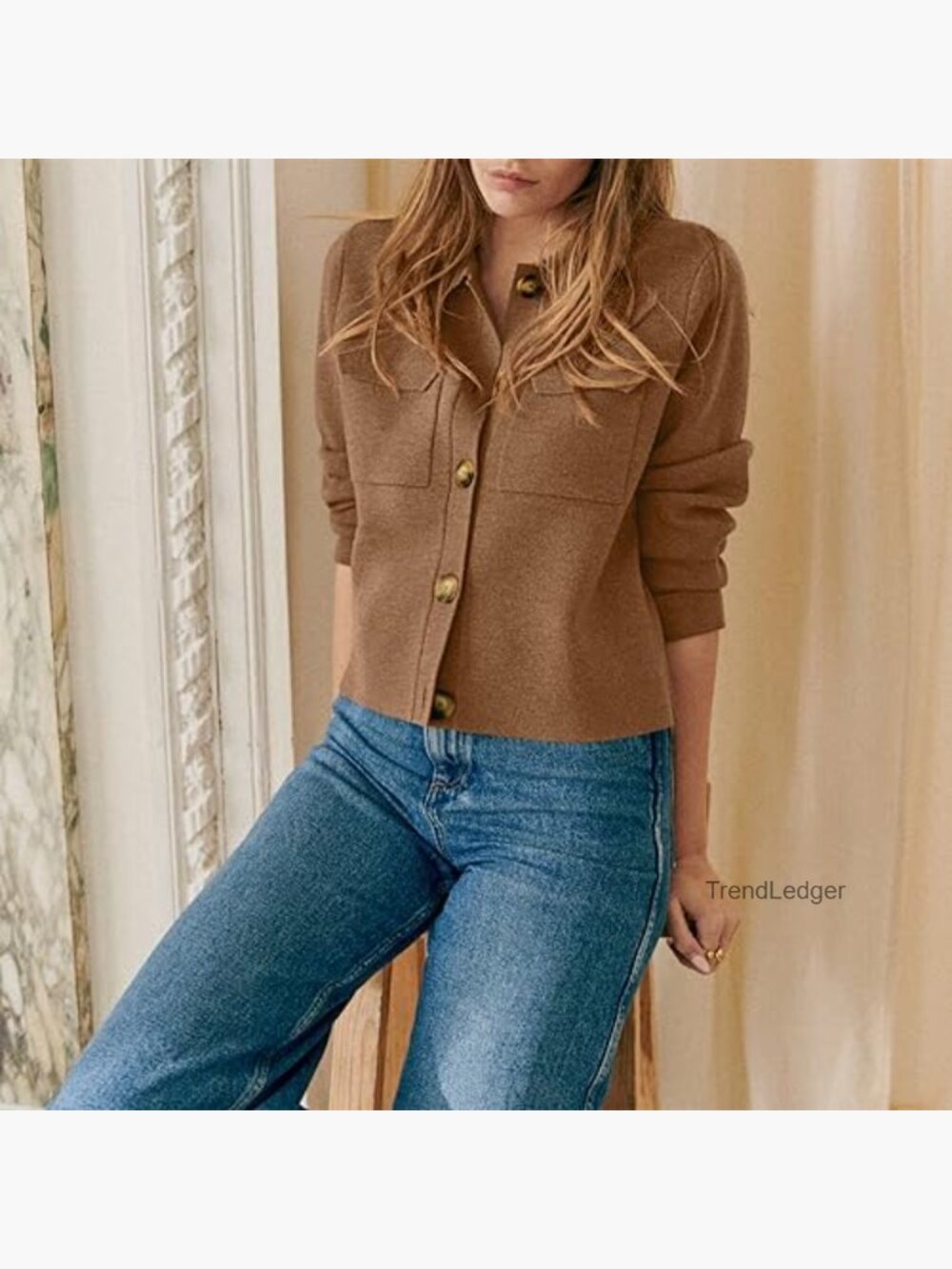 Cropped Merino Wool Cardigan Jacket with Pockets - Picture 5 of 6